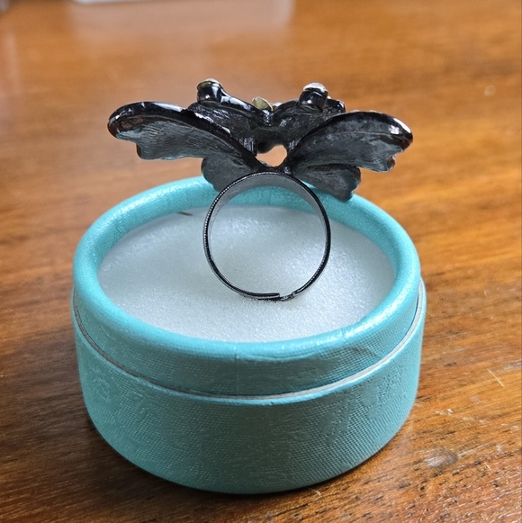 Purple Rhinestone Black Silver Tone Butterfly Ring Size 7 Adjustedble - Picture 11 of 17